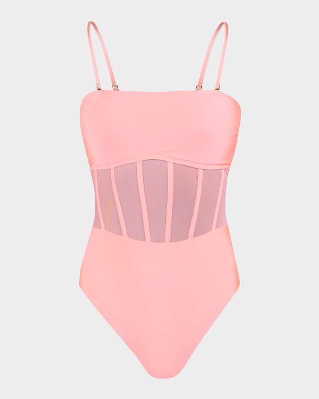 Solid Mesh Bandeau One-Piece Swimsuit